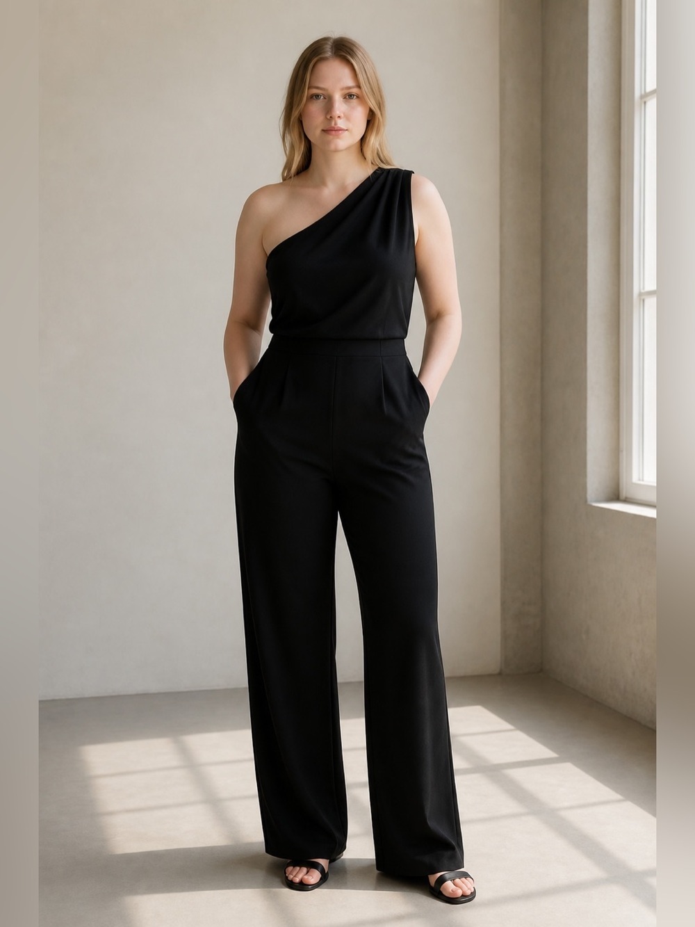 Calvin Klein Black One Shoulder Wide Leg Jumpsuit Size 14 Cocktail Formal